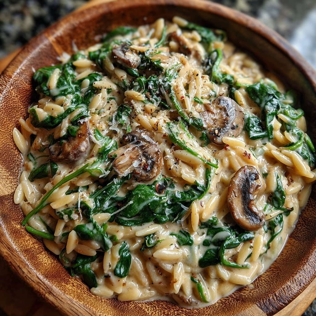 Romantic Creamy Spinach Mushroom Orzo